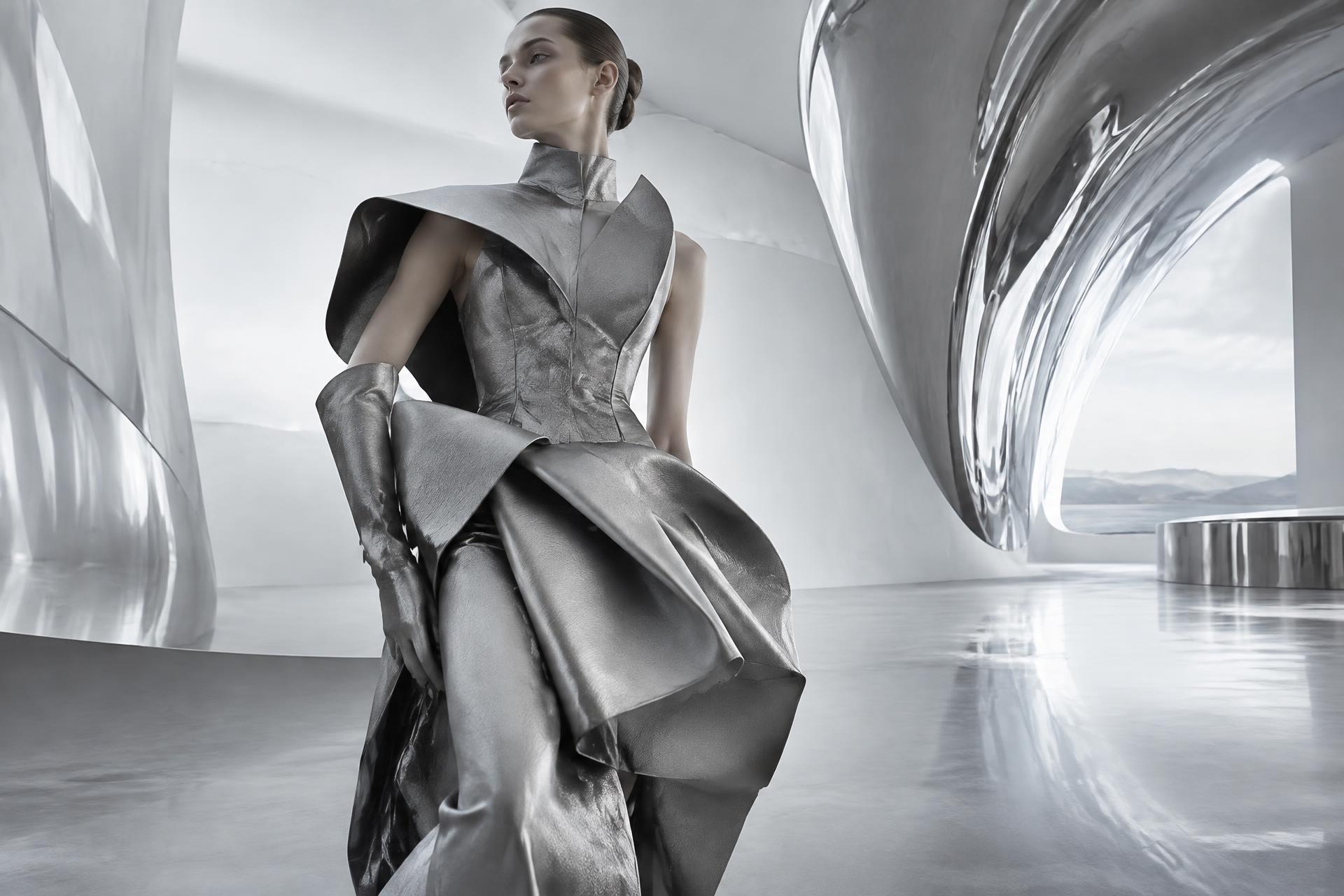 Model in sculptural silver couture inside a chrome-curved white space